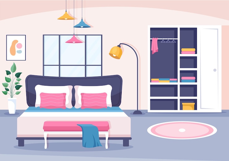 Vector cozy bedroom interior with furniture like bed wardrobe modern style in cartoon vector illustration