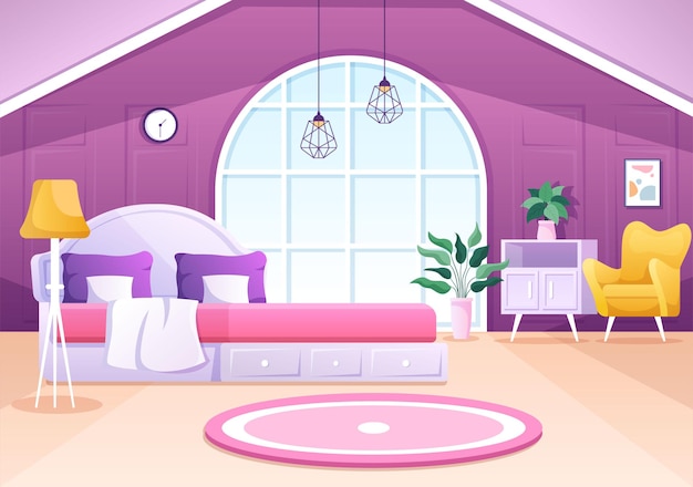 Cozy Bedroom Interior with Furniture Like Bed Wardrobe Modern Style in Cartoon Vector Illustration