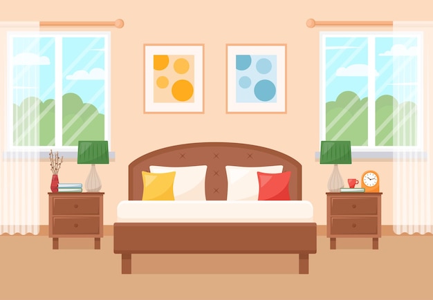 Vector cozy bedroom interior with furniture and windows vector illustration