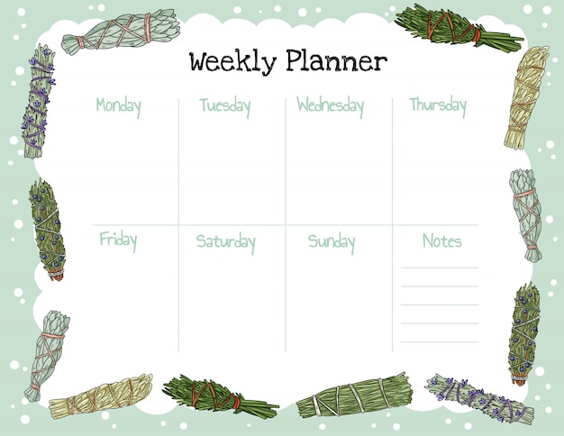 Cozy boho weekly planner and to do list with smudge sticks ornament. Cute template for agenda, planners, check lists, and stationery