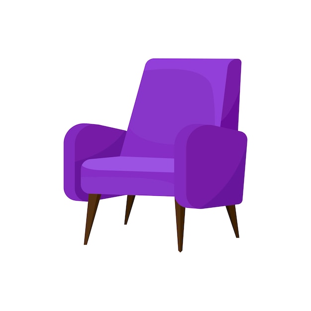 벡터 나무 다리가 있는 아늑하고 밝은 보라색 안락의자 부드러운 덮개가 있는 편안한 의자 거실용 가구 홈 인테리어용 개체 흰색 배경에 격리된 다채로운 평면 벡터 디자인