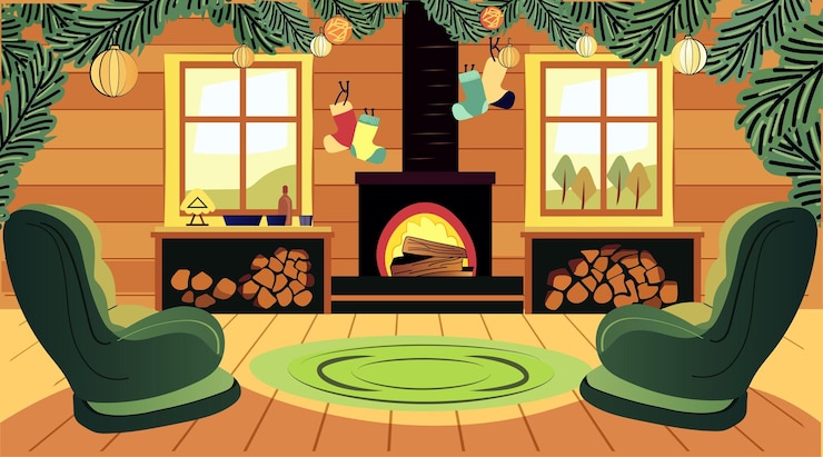 Vector cozy cabin interior christmas fireplace scene stockings warm tones pine branches armchairs wood logs festive decor