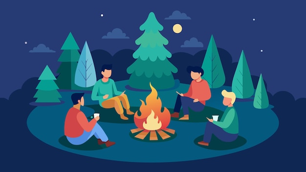 Vector a cozy campfire setting with a small group sitting in a circle and sharing their thoughts while