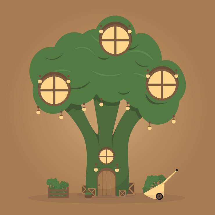 Vector cozy cartoon broccoli house vector illustration isolated on brown background