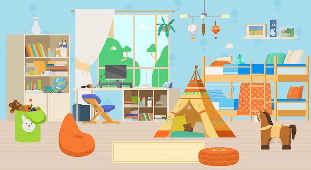 Cozy childrens room interior with toys and decorations