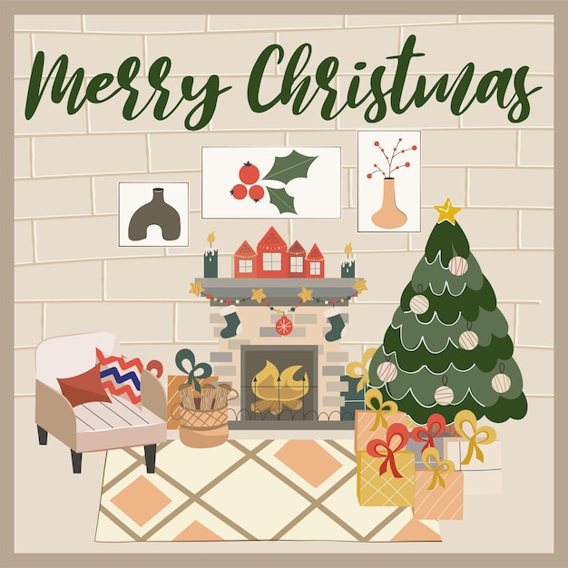 Cozy Christmas living room with Christmas tree, fireplace and Scandinavian style armchair postcard or poster with inscription. New Year's decorations, garlands, gifts.Vector illustration in flat style