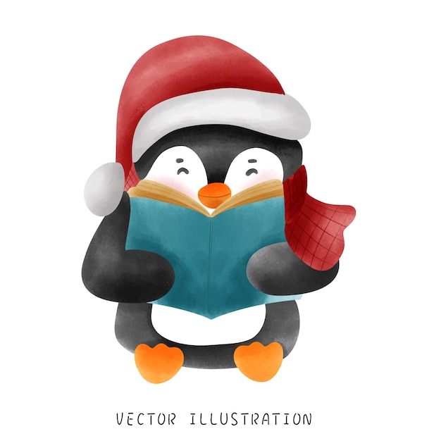 Vector cozy christmas penguin reading a book watercolor festive illustration