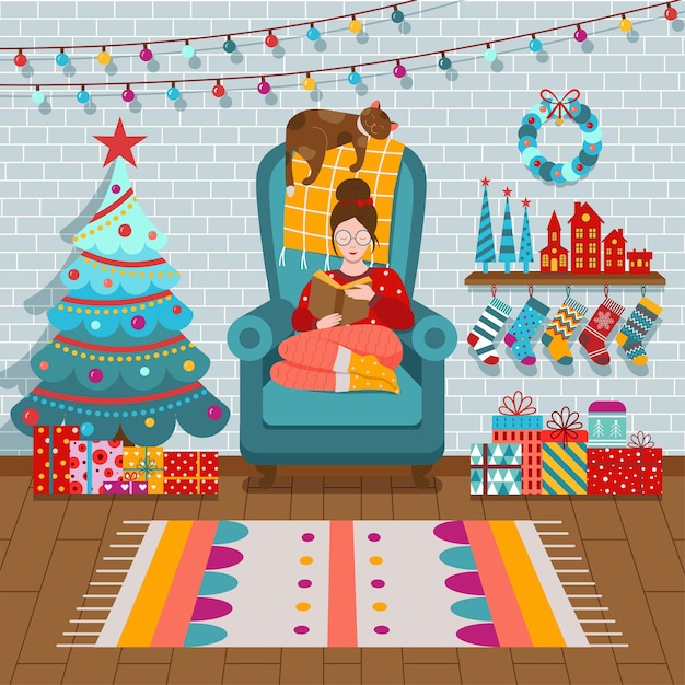 Уютный интерьер рождественской комнаты с девушкой в свитере рядом с праздничными елочными чулками и подарками