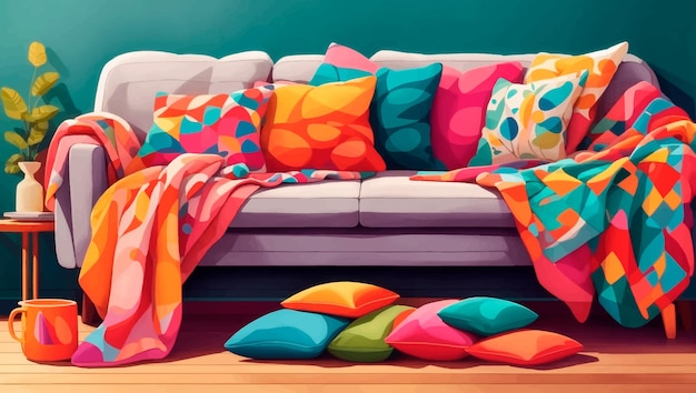 Вектор Уютный диван с яркими подушками и одеялами