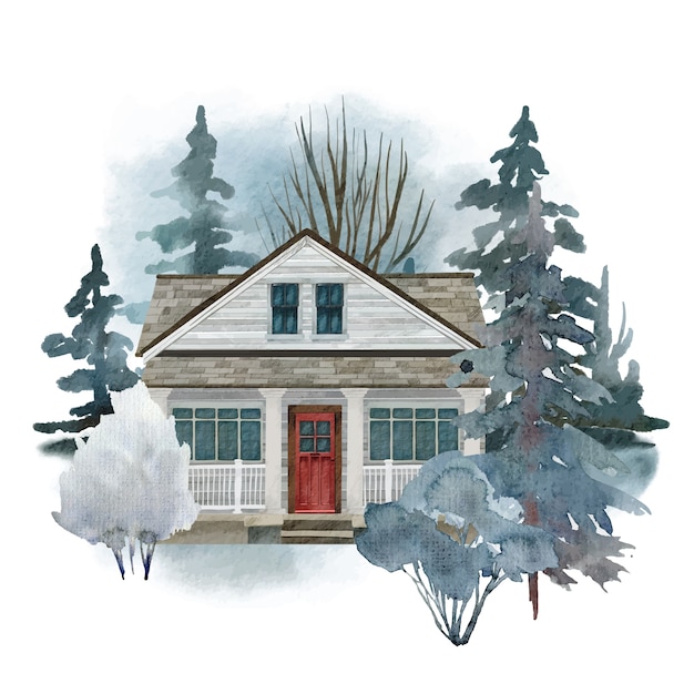 Vector cozy country house in watercolor design