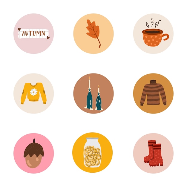 Уютные и милые изюминки для различных брендов компаний-блогеров в социальных сетях с осенними клипами сезонной одежды, едой и напитками, декором Векторные рисованные клипы в пастельных тонах