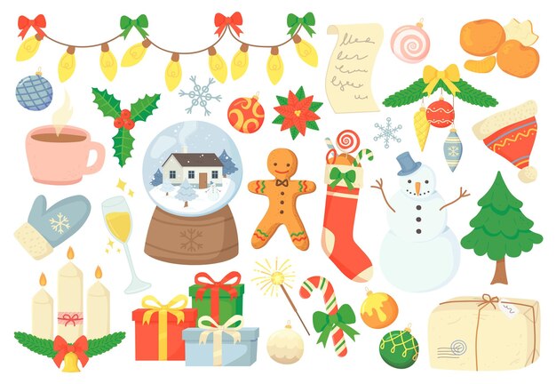 Accogliente doodle elementi di natale decorazione e set di simboli in stile cartone animato