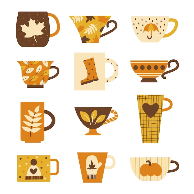 Cozy fall mugs and cups flat vector illustration set. Autumn hugge concept.