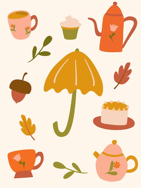 cozy fall set with fall things and food vector illustration
