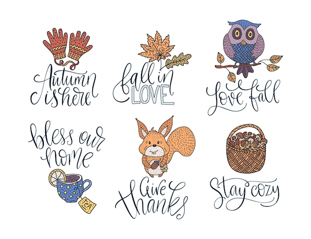 Cozy fall vector lettering set Hand drawn autumn quotes