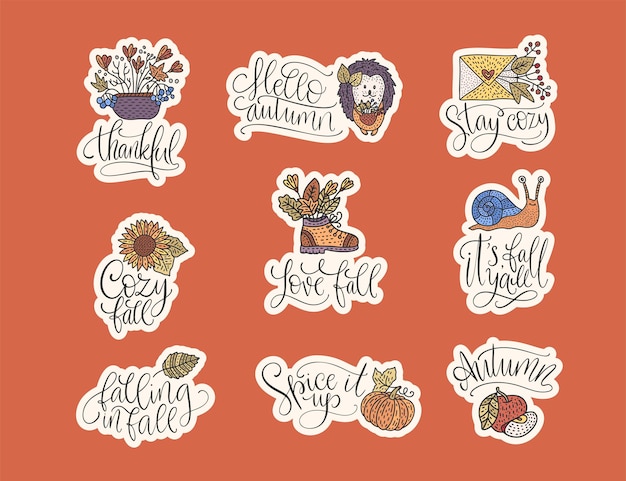 Cozy fall vector lettering set Hand drawn autumn quotes