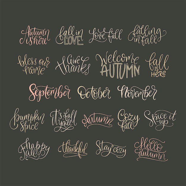 Cozy fall vector lettering set Hand drawn autumn quotes