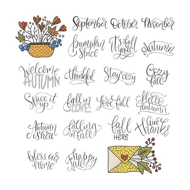 Vector cozy fall vector lettering set hand drawn autumn quotes