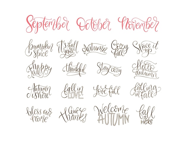 Cozy fall vector lettering set Hand drawn autumn quotes