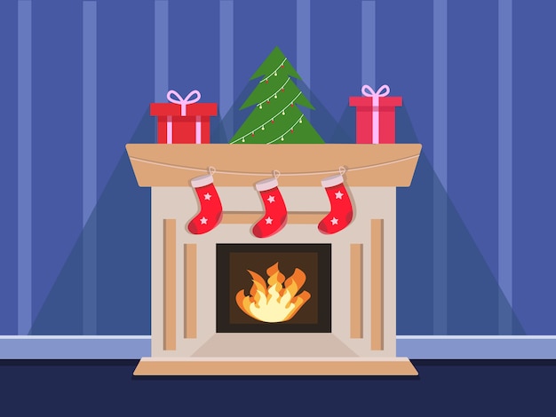 Cozy fireplace with Christmas stockings illustration