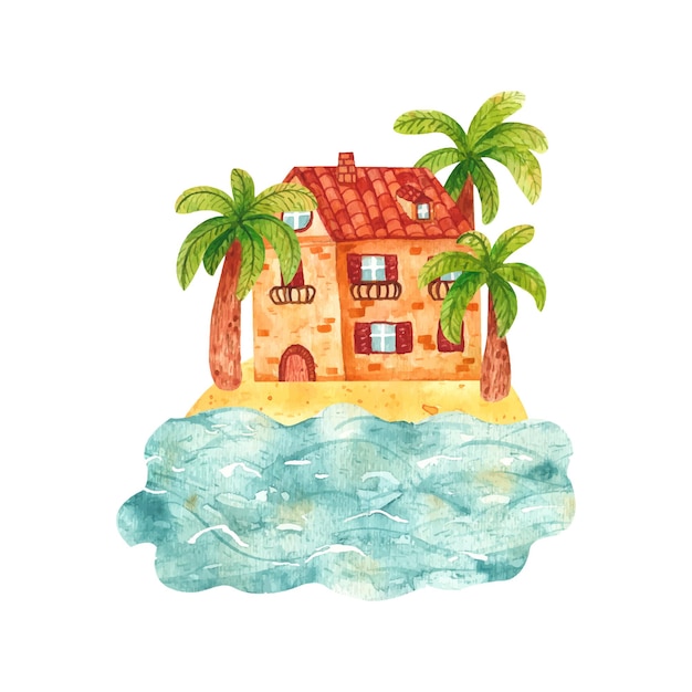 모래 해변에 도시의 아늑한 손으로 그린 만화 수채화 집 건물과 해안에 타워와 시계가있는 성 풍경 자연 여름 휴가의 그림
