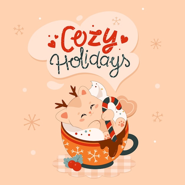 Vector cozy holidays cute cat in a christmas cup with cocoa in kawaii style