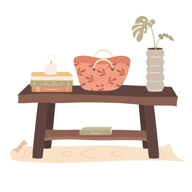 cozy home bench in a hallway with pile of books lighted candle and shooper bag cozy autumn days concept