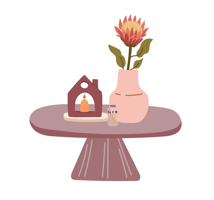 Vector cozy home composition with protea in ceramic vase and candle on table