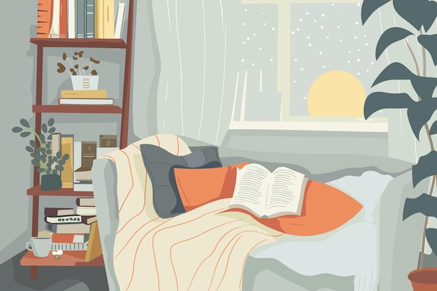 Уютный интерьер дома Кресло с теплым одеялом книги на полке и зажженная свеча
