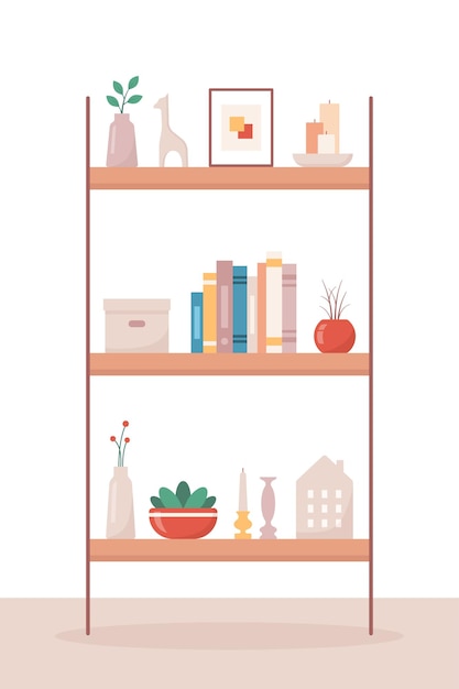 Cozy home interior design concept shelf with interior objects vector illustration in flat style
