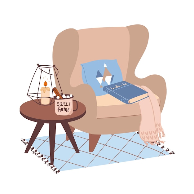 Cozy home interior relaxing atmosphere in hygge style Vector