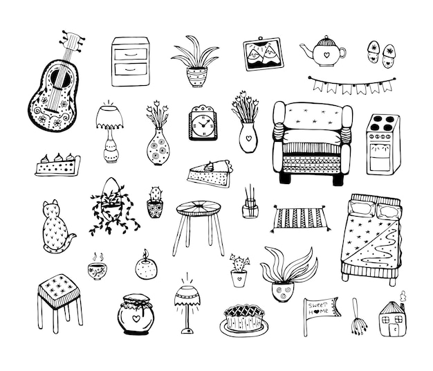 Vector cozy home items, black and white doodle set