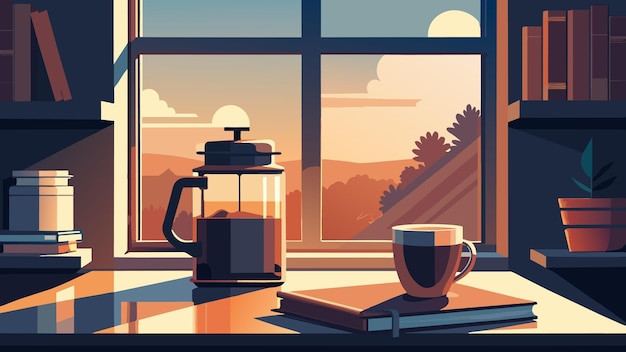 Vector in a cozy home kitchen a large jar of coffee and water sits on a windowsill as the sun slowly heats