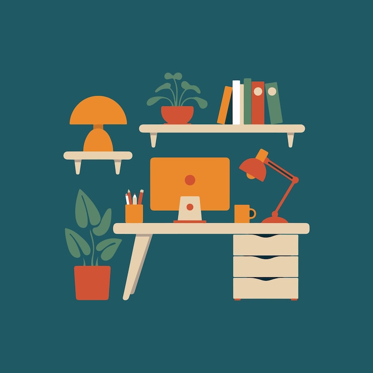 Vector cozy home office setup with computer and plants