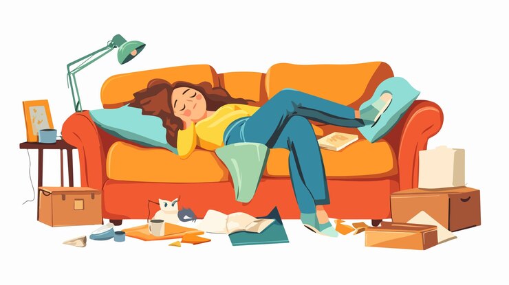 Vector cozy home relaxation woman comfort resting lazy lifestyle