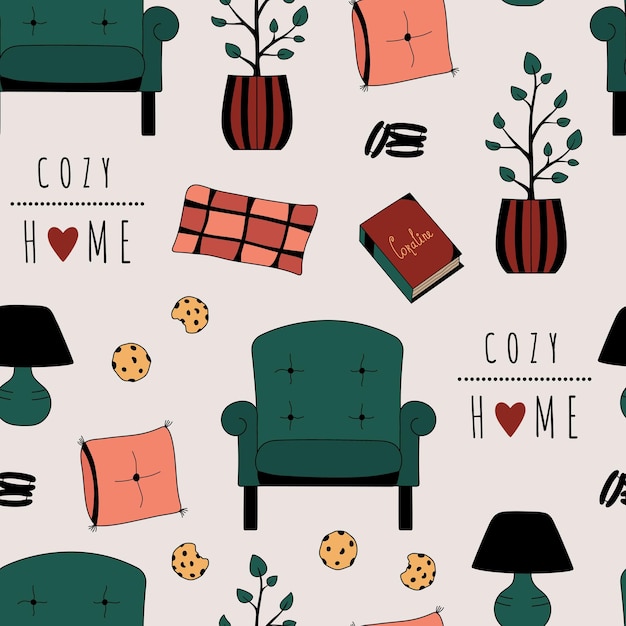 Cozy home seamless pattern. Hand drawn interior items doodle background