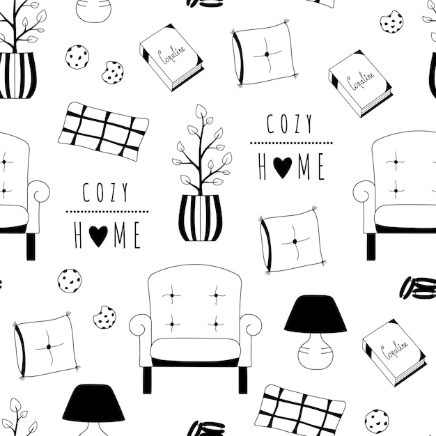 Cozy home seamless pattern on white background. Hand drawn vector print with armchair, pillows