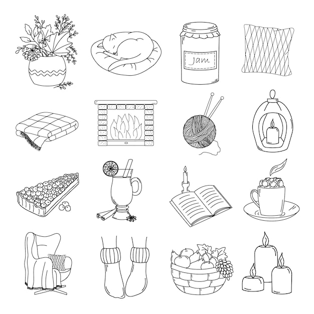 Cozy home set of vector elements in doodles style