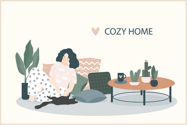 Cozy home theme handmade illustration.Simple room interior for use in design for home  decorative prints, flower shop decor, wallpaper, bag or t-shirt print, art workshop  etc.