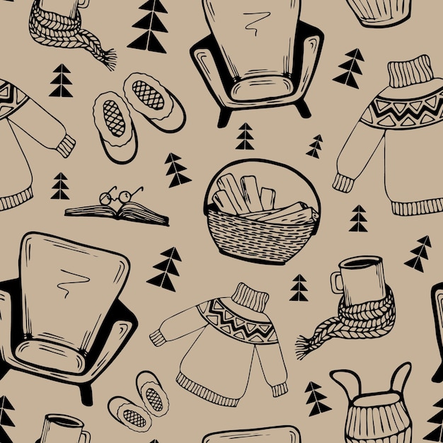 Cozy home.vector seamless pattern in Scandinavian style.contour Doodle clip art, hand work.