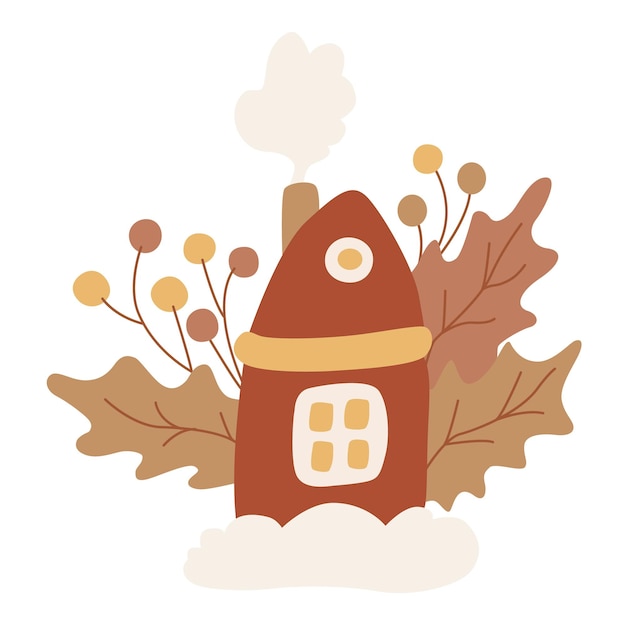 Cozy house with smoke from a chimney surrounded by leaves and berries.