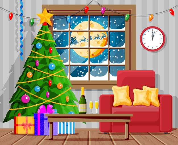 Interno accogliente del soggiorno con finestra, poltrona, tavolo, albero di natale, felice anno nuovo, decorazione, buone vacanze di natale, capodanno e celebrazione di natale, cartone animato piatto vettoriale illustrazione