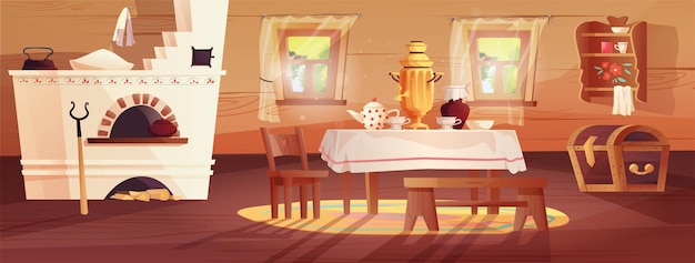 Interni accoglienti della capanna russa vecchia cucina ucraina con pentole da cucina panca petto tappeto finestra impugnatura scopa con tenda tappeto tovaglia samovar
