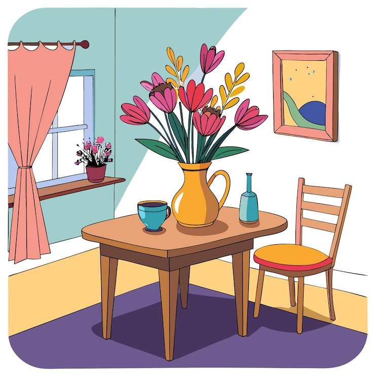 Vector a cozy interior scene with a table flowers and a chair