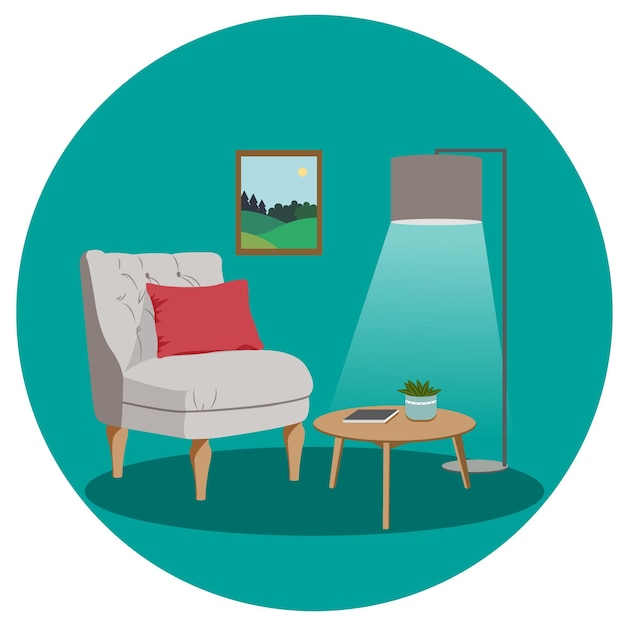 Cozy interior vector flat illustration with comfortable chair coffee table and floor lamp