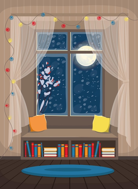 Cozy interior with window, windowsill and bookshelf. Vector illustration in flat cartoon style.