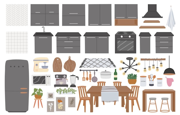 Vector cozy kitchen furniture, utensils, decoration and cooking appliances. hygge cook room interior elements, table and kitchen cabinet vector set. illustration of furniture decoration interior