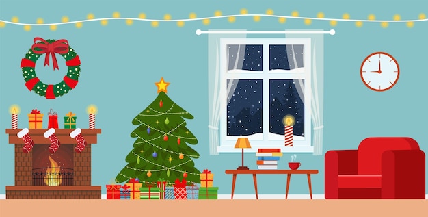 Cozy living interior Christmas with red sofa, gifts, and tree. Vector flat style illustration.