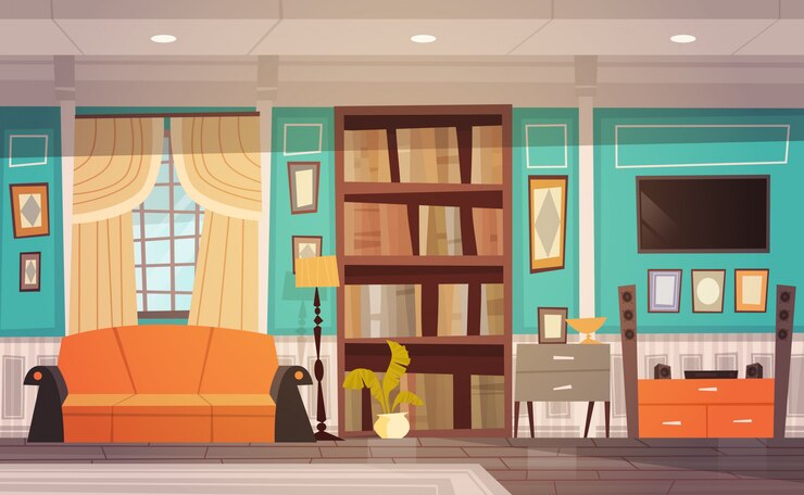 Vector cozy living room interior design with furniture, window, sofa, bookcase and tv