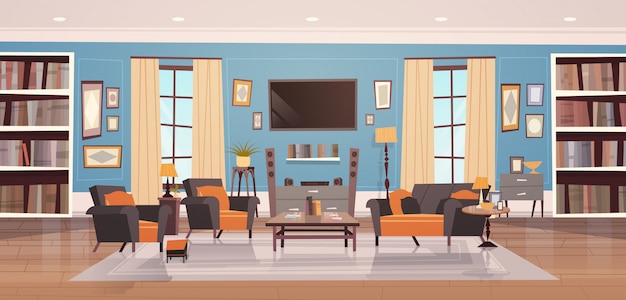 Vector cozy living room interior design with modern furniture, windows, sofa, table armchairs